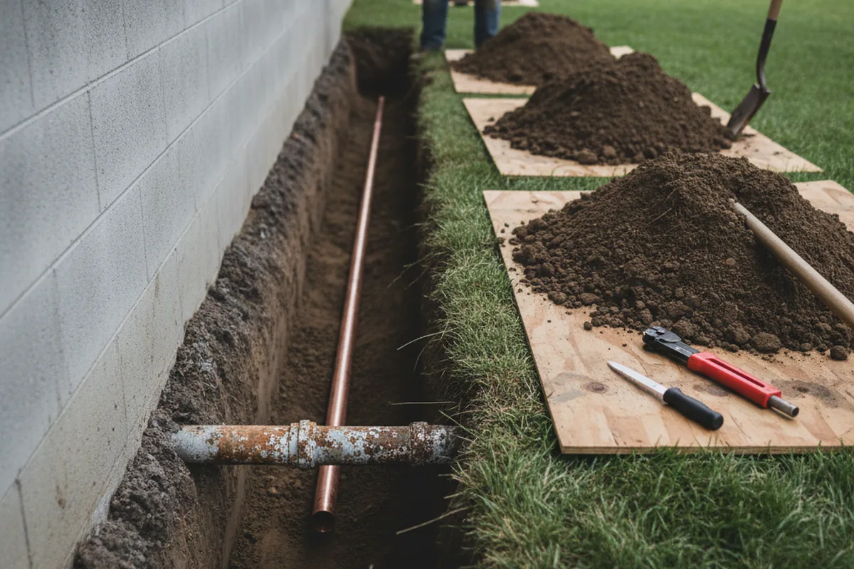 Excavated water line trench during Sewer Line Repair in Le Roy